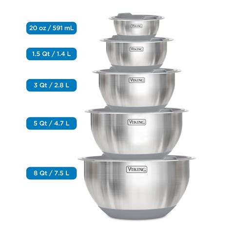Viking 10-Piece Stainless Steel Mixing Bowl Set with Lids, Gray ...