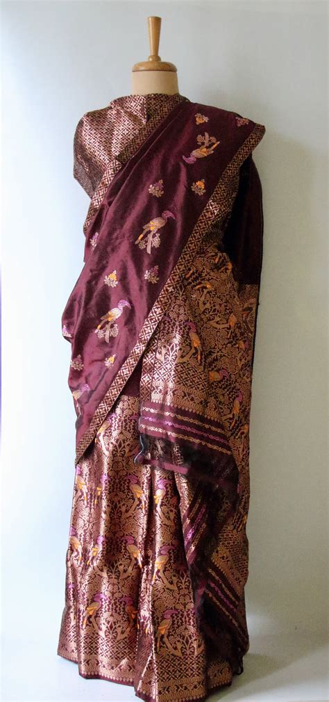 Maroon Traditional Mekhela Chador Set / Brocade Blouse from Assam ...