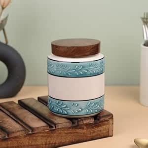 Buy VarEesha Hand-made Aqua White Embossed Ceramic Air Tight Jar with ...
