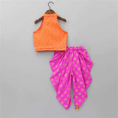 Zig-Zag Printed Halter Neck Top With Printed Pink Dhoti