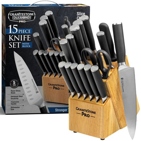 Granitestone Pro Black Knife Set 15 Piece with Block Premier Chef Knife ...