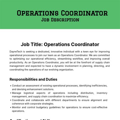 Free Operations Coordinator Job Description Template to Edit Online