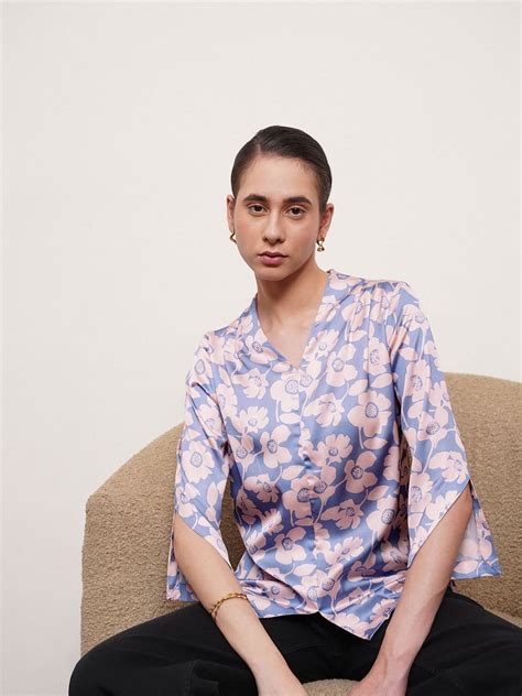 Buy Blue Satin Floral Top Online | FableStreet