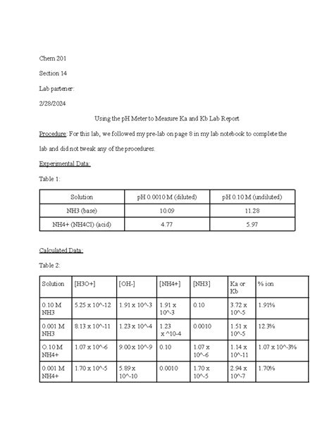 Using the ph meter to measure Ka and Kb values lab report - Chem 201 Section 14 Lab partener: 2 ...
