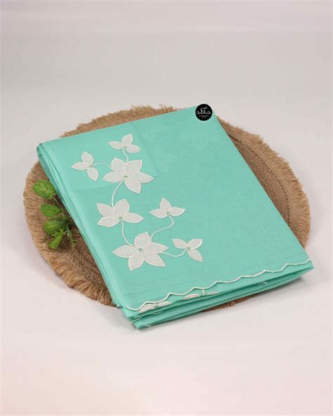 Light Teal Green Cotton Kota Saree with Appliqué Work & Cream Phulkari ...