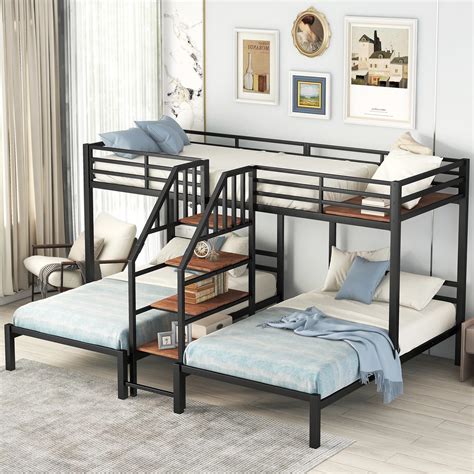 Amazon.com: Harper & Bright Designs Metal Triple Bunk Bed with Stairs, 3 Beds Bunk Bed, Twin ...