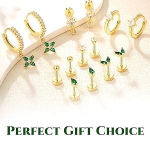 VAMA FASHIONS 7 Pairs 18K Gold Plated Stainless Steel CZ Green Emerald ...