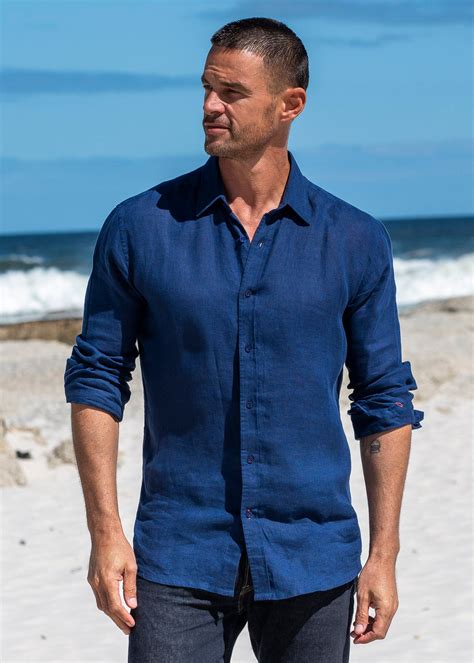 Mens' Navy Blue Linen Shirt with contrast Trim – Frangipani