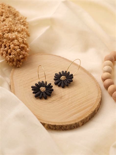Black & Gold Flower Hoops – Made Of Clay