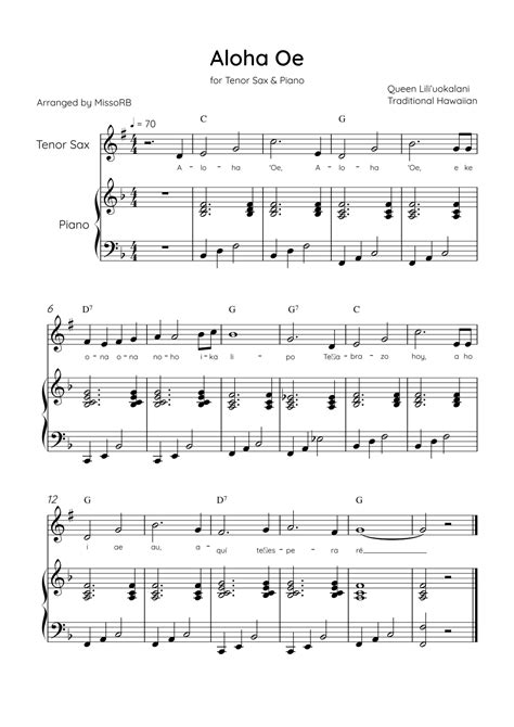 Aloha Oe - Tenor Sax & Piano in F Major Easy With Lyrics & Chords (arr ...