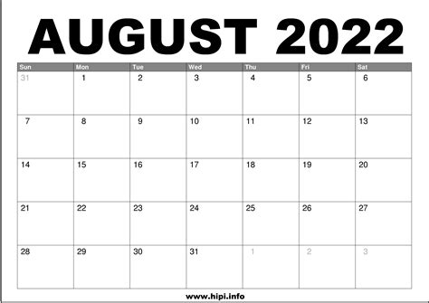 August 2022 Calendar Clipart - Printable Word Searches