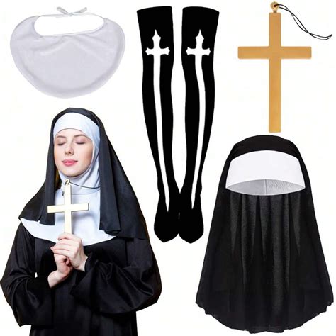 Nun Costume Set, Nun High Socks With Necklace For Halloween Cosplay ...