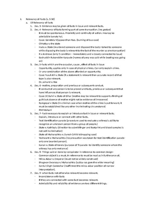 Evidence 2024 revision notes - I. Relevancy of Facts (s. 3-50) a. Of ...