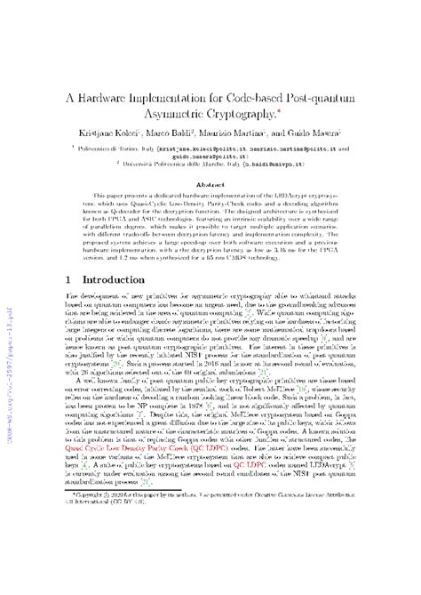 A Hardware Implementation of LEDAcrypt for PQC: Baldi et al. 2020 - Studocu