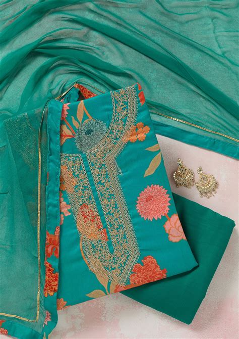Buy Rama Green Zariwork (Gold) COTTON Unstitched Salwar Suit - Koskii