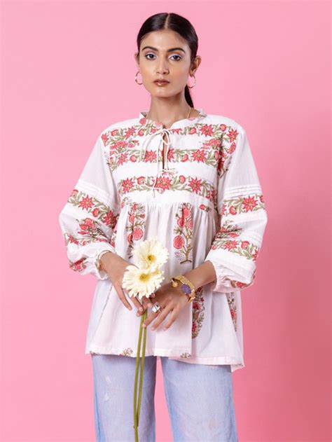 Buy White Hand Block Printed Cotton Top | MAWPTSS23/MARC4 | The loom