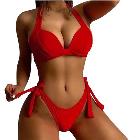 WREESH Womens Two Piece Swimsuit Halter Bikini Set High Cut Bikini ...