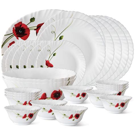 Larah by BOROSIL Fluted Series Red Carnation Opalware Dinner Set | 27 ...