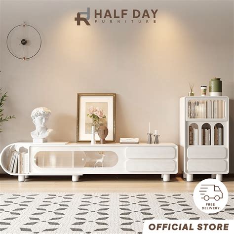 Halfday - Modern Cream Telescopic TV Console Cabinet: Space-Saving ...