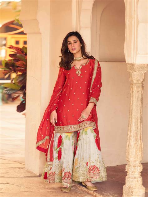 Red Embroidered Chinon Silk Sharara Set with Dupatta – Anant Tex ...