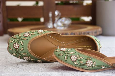 IVY: Handcrafted Green Jutti with pearl flowers- Amaryllis For Her