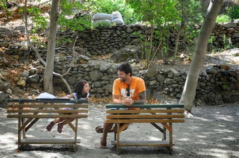 Adult daughter talking to her senior parents on a bench in a park