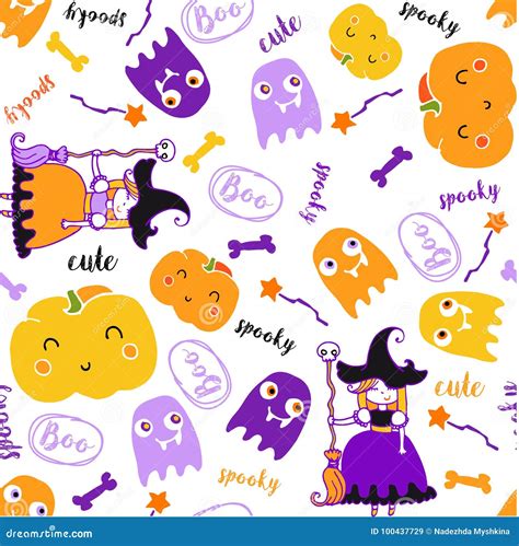 Cute Halloween Doodles Seamless Pattern Stock Vector - Illustration of ...