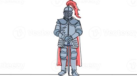 Continuous one line drawing medieval knight in armor, cape and helmet ...