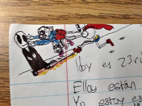 Bored in Spanish and drew Gaster rolling down a hill on a skate board ...