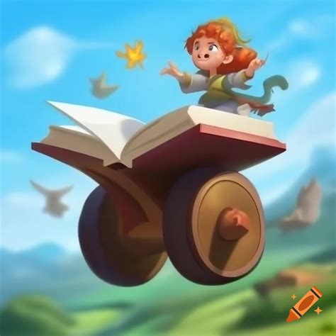 Flying fantasy book with wheels in the sky on Craiyon