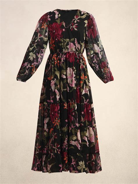 Black Floral Print Tiered Dress