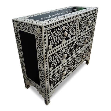 Black Floral Embossed Bone Chest Of 4 Drawers – Luxury Handicrafts