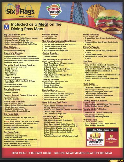 2021 Six Flags Great America Season Dining Pass Menu #1 - Big Lo Lou's ...