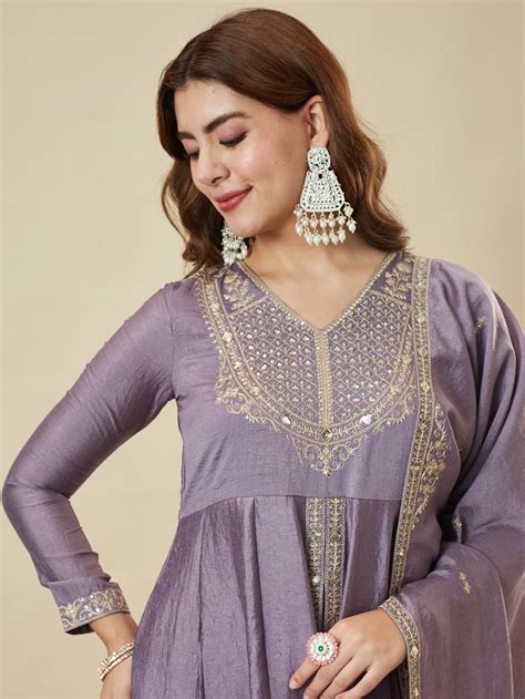 Lavender Silk Embroidered Anarkali Kurta With Dupatta Set for Women
