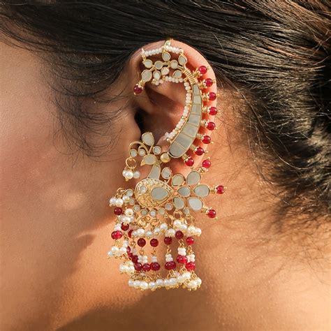 MDE332- White and Red Colour Gold Plated Mother of Pearl Earcuffs – Muraad