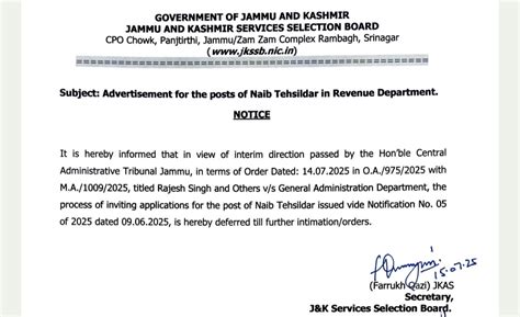 JKSSB Defers Naib Tehsildar Recruitment Process After CAT Stay on Urdu ...