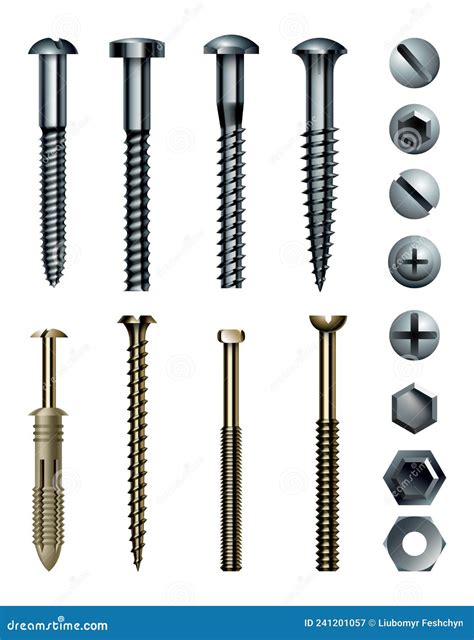 Set Of Metal Screw, Bolt And Rivet Heads. Collection Of Different ...