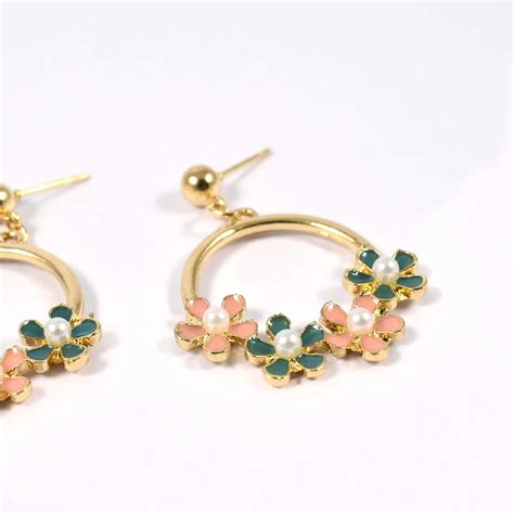 Flower Pearl Pink Green Drop Hoop Stylish Earrings | Salty – Salty ...