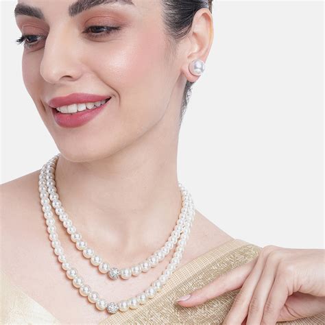 Estele Rhodium Plated Glittering Double Line Pearl Necklace Set