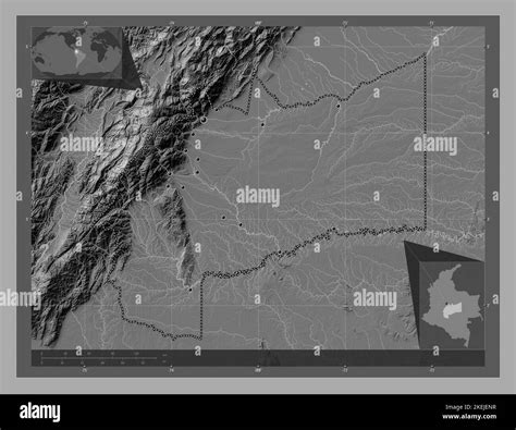 Meta, department of Colombia. Bilevel elevation map with lakes and rivers. Locations of major ...