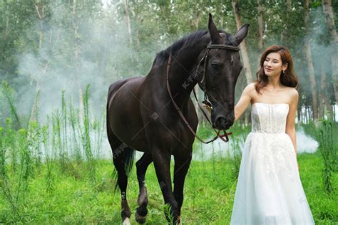 马场内青年女人拿着马具牵着马高清图片下载-正版图片507677230-摄图网