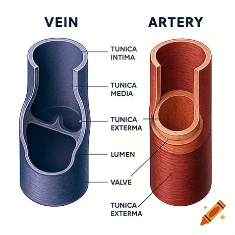 Labeled diagram comparing cross-sections of a vein with valves and an artery, detailing their ...