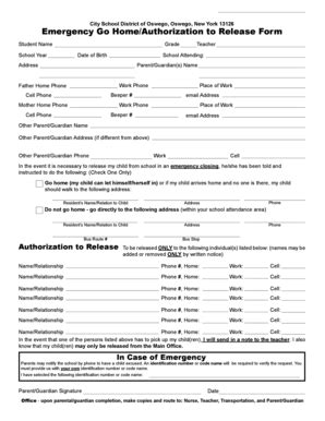 Fillable Online Emergency Go Home/Authorization to Release Form ...
