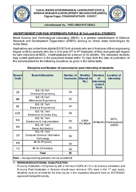 Advertisement for Paid Internships at NSTL (DRDO) for M.Sc Students ...