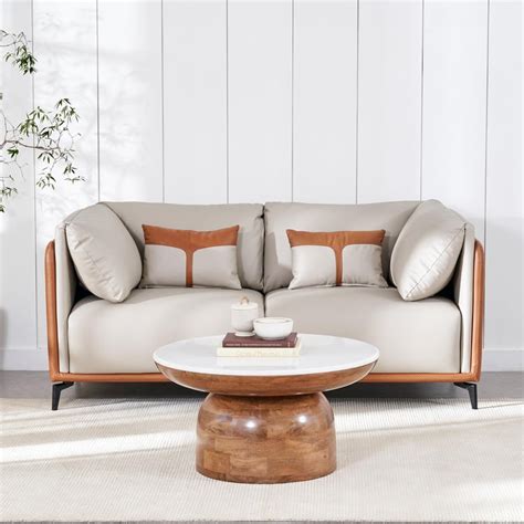 Buy Bosco Faux Leather 2-Seater Sofa with Cushions - Beige and Brown ...