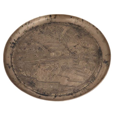 Serving Tray or Plate Engraved with Indian Village Scene In Bell Metal