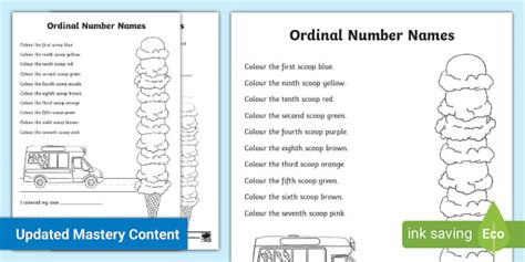 Ordinal Number Names Ice Cream Colouring Worksheet