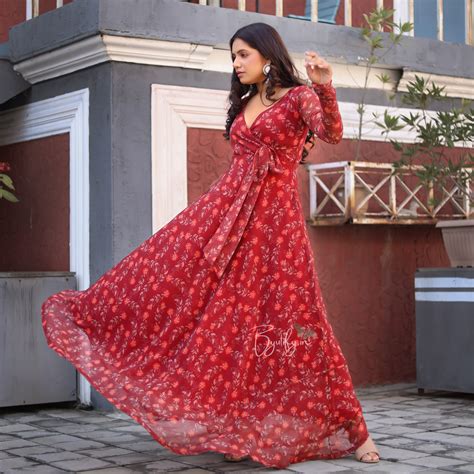 Maroon Flower Print Georgette Angharkha Gown – Byutify.in