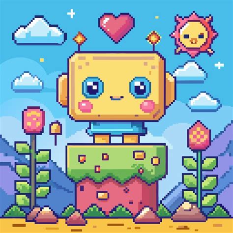 Pixelated cute robot with heart sun and flowers in a blue sky ...