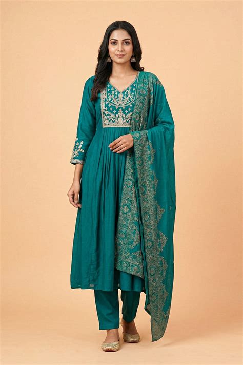 Mul Chanderi Embroidery Teal Blue Kurti Set With Dupatta – DESI SITARA